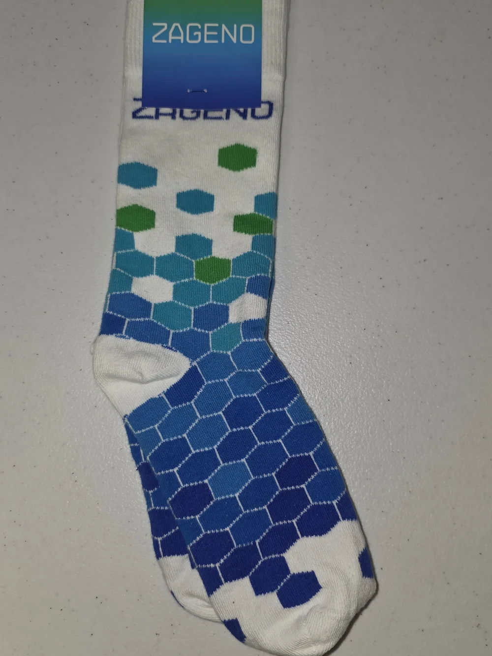 Zageno X Sock Club Men's White Socks with Blue & Green Hex Pattern Made In USA